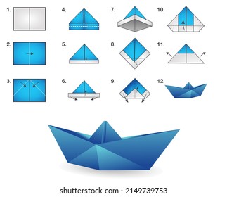 Realistic folded paper boat vector set isolated on white background. paper boat modern origami. colorful origami boat.
