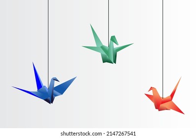 Realistic folded paper swan vector set isolated on white background. paper bird modern origami. colorful origami swan.
