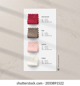 Realistic Folded Textile color swatches for fashion, clothing line, mood board, branding againts textured wall with shadow. Realistic vector fabric color card mockup