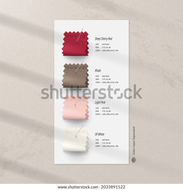 Realistic Folded Textile color\
swatches for fashion, clothing line, mood board, branding againts\
textured wall with shadow. Realistic vector fabric color card\
mockup