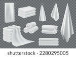 Realistic folded towels, white cloth, laundry symbol. Rolled stack for home or hotel shower, bath or hospital, cotton textile and bathroom washcloth. 3d elements. Vector neoteric texture