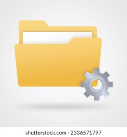 Realistic folder with document inside and settings gear vector icon. Computer file folder settings and options with shadows and reflections icon.