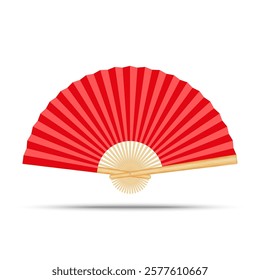 Realistic folding hand fan red paper with golden bamboo frame fashion accessory 3d vector clip art isolated on white background, decorative element for oriental themes.