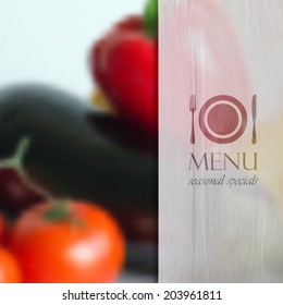 realistic food background of different vegetables (pepper, tomato, eggplant). vector restaurant menu design. 