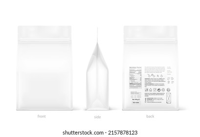 Realistic food bag with zip lock mockup isolated on white background. Front, side and back view. Suite for the presentation of coffee, food, for pets, household, etc. EPS10.