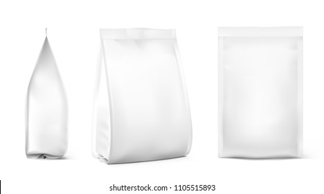 Realistic food bags isolated on white background. Front, isometric and side view. Vector illustration. Can be use for template your design, presentation, promo, ad. EPS 10.