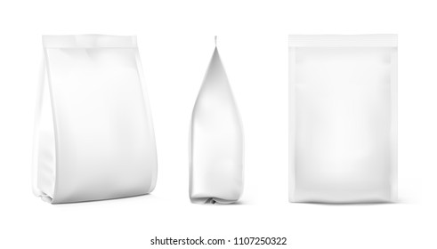 Realistic food bags isolated on white background. Front, isometric and side view. Vector illustration. Can be use for template your design, presentation, promo, ad. EPS 10.