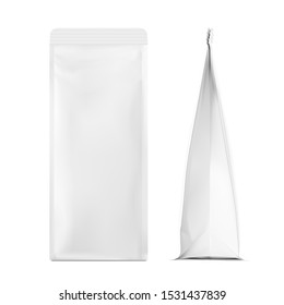 Realistic food bags isolated on white background. Front, isometric view. Vector illustration. Can be use for template your design, presentation, promo, ad. EPS 10.	