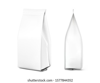 Realistic food bags isolated on white background. Side, isometric view. Vector illustration. Can be use for template your design, presentation, promo, ad. EPS10.	