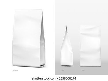 Realistic food bags isolated on white background. Front, side and isometric view. Vector illustration. Can be use for template your design, presentation, promo, ad. EPS 10.	
