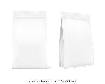 Realistic food bags mockup. Vector illustration isolated on white background.  Front, half side view. Can be use for template your design, presentation, promo, ad. EPS 10.	