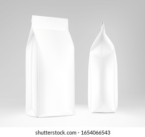 Realistic food bags on grey background. Side, isometric view. Vector illustration. Can be use for template your design, presentation, promo, ad. EPS 10.	