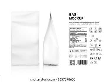 Realistic food bags with product information isolated on white background. Front, side view. Vector illustration. Can be use for template your design, presentation, promo, ad. EPS 10.	
