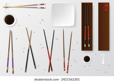 Realistic Food Chopsticks Set Different Types. Vector illustration of Traditional Asian Bamboo Utensils Color Chopstick. Vector illustration