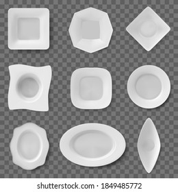 Realistic food dish. Plate dish, ceramic tableware, restaurant and household kitchenware, dishes and bowls. White food plates vector illustrations. Empty dishware of different shapes for meals