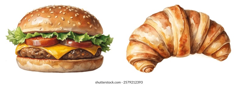 Realistic food illustration, delicious hamburger, flaky croissant, vibrant colors, culinary art, appetizing design.