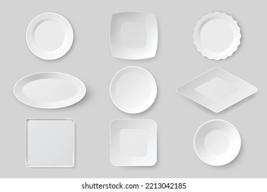 Realistic food plates in different shape, dishes and bowls set. White porcelain plate for restaurant, cafe or table serving. 3d kitchenware utensils. Vector illustration