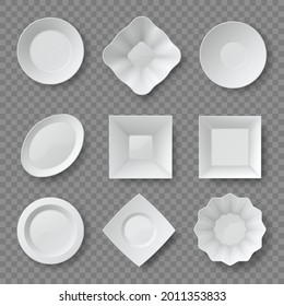 Realistic food plates. Empty round and square dishes and bowls. Ceramic plate top view 3d mockups. Clean kitchen tableware vector set. Illustration plate kitchen to breakfast, kitchenware and dishware