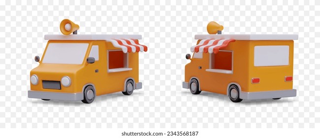 Realistic food truck, front and rear view. Color vehicle for street trade. Car with shop canopy and horn on roof. Set of detailed isolated vector images