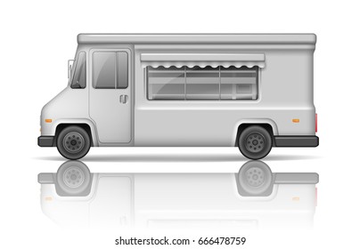 Realistic Food Truck Isolated On White. Fast Food Or Ice Cream Van Template For Mock Up For Your Design And Transport Advertising. 