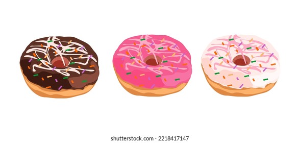 Realistic food vector illustration of Donuts glazed with colorful sugar and chocolate icing and topped with sprinkles isolated on white background. Tasty dough confectionery or dessert. 