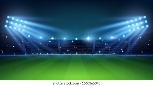 Realistic football arena. Soccer playing field at night with illuminate bright stadium lights, green grass and tribunes. Vector illustration background for football championship or match team