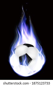 Realistic football balls flying. A flaming soccer ball flying against a black background. Realistic 3d sport inventory. Tournament design sport element. Vector illustration