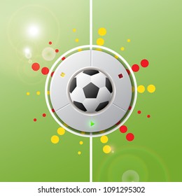 Realistic football button to play game match on green field. Vector illustration signs for the soccer championship, games, tournament modern sport.