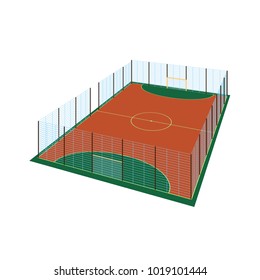 Realistic football field template, playground with green grass and landscapes. Layout, soccer playing field, playground back view, with markings and gates. Vector illustration isolated.