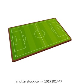 Realistic football field template, playground with green grass and landscapes. Layout, soccer playing field, playground side view, with markings and gates. Vector illustration isolated.