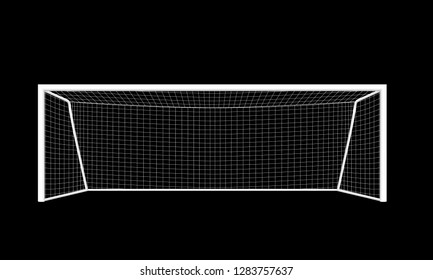 Realistic football goal of white color, with a white grid isolated on black background. Perspective view. Vector eps10