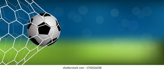 Realistic football in net with coppy space for text, vector illustration