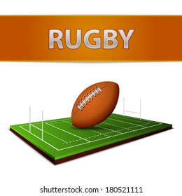 Realistic football or rugby ball grass field emblem isolated vector illustration