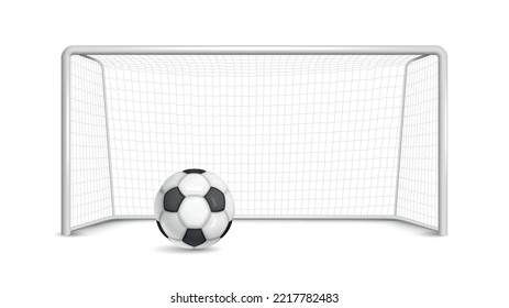 Realistic football soccer ball goal composition with isolated view of gates with net and rubber ball vector illustration