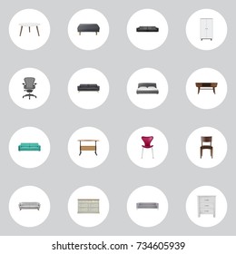 Realistic Footstool, Settee, Couch And Other Vector Elements. Set Of Decoration Realistic Symbols Also Includes Office, Accent Objects.