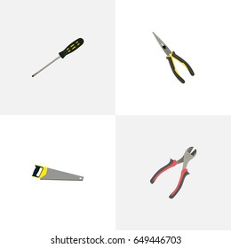 Realistic Forceps, Carpenter, Nippers And Other Vector Elements. Set Of  Realistic Symbols Also Includes Carpenter, Saw, Nippers Objects.