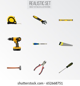 Realistic Forceps, Carpenter, Plumb Ruler And Other Vector Elements. Set Of  Realistic Symbols Also Includes Chisel, Construction, Tool Objects.