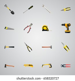 Realistic Forceps, Hacksaw, Hatchet And Other Vector Elements. Set Of Tools Realistic Symbols Also Includes Noise, Electric, Pliers Objects.