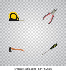 Realistic Forceps, Hatchet, Carpenter And Other Vector Elements. Set Of Tools Realistic Symbols Also Includes Instrument, Tape, Axe Objects.