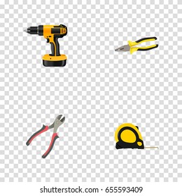 Realistic Forceps, Pliers, Electric Screwdriver And Other Vector Elements. Set Of Tools Realistic Symbols Also Includes Forceps, Tongs, Instrument Objects.