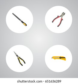 Realistic Forceps, Sharpener, Stationery Knife And Other Vector Elements. Set Of Instruments Realistic Symbols Also Includes Long, Noise, Instrument Objects.