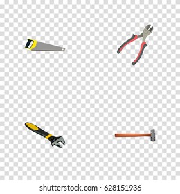 Realistic Forceps, Wrench, Handle Hit Vector Elements. Set Of Kit Realistic Symbols Also Includes Spanner, Sledge, Forceps Objects.