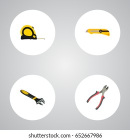Realistic Forceps, Wrench, Length Roulette And Other Vector Elements. Set Of  Realistic Symbols Also Includes Wrench, Cutter, Forceps Objects.