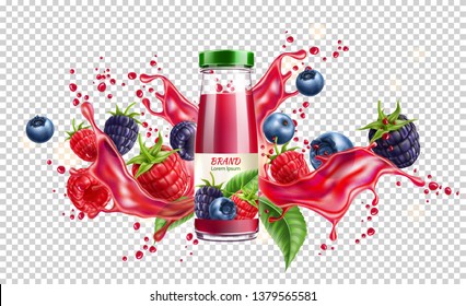 Realistic forest berries juice advertising design with blackberry, blueberry and raspberry in juicy splashing liquid. Forest mix splash for natural healthy product package design. Vector illustration