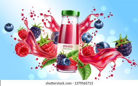 Realistic forest berries juice advertising design with blackberry, blueberry and raspberry in juicy splashing liquid. Forest mix splash for natural healthy product package design. Vector illustration