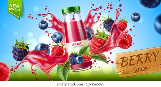 Realistic forest berries juice advertising design with blackberry, blueberry and raspberry in juicy splashing liquid. Forest mix splash for natural healthy product package design. Vector illustration