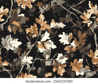 Realistic forest camouflage for hunting. Hunting Seamless pattern. Conifer tree, branches and leaves. Useable for hunting and military purposes.