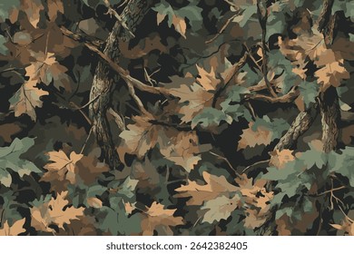 Realista camuflagem florestal para a caça. Caça Padrão sem emenda. Árvore conífera, ramos e folhas. Utilizável para caça e fins militares.