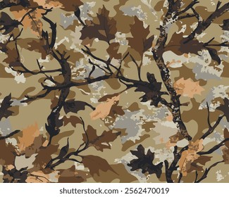 Realistic forest camouflage pattern for hunting. Hunting Seamless pattern. Conifer tree, branches and leaves. Useable for hunting and military purposes. Vector hunting camouflage pattern