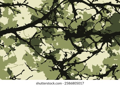 Realistic forest camouflage pattern for hunting. Hunting Seamless pattern. Conifer tree, branches and leaves. Useable for hunting and military purposes. Vector hunting camouflage pattern